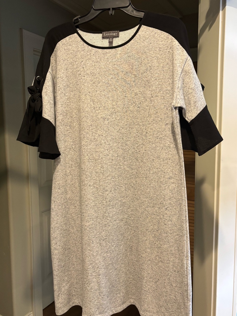 Luxology Heather Gray Shift Dress with Black Flutter Sleeve with Ties